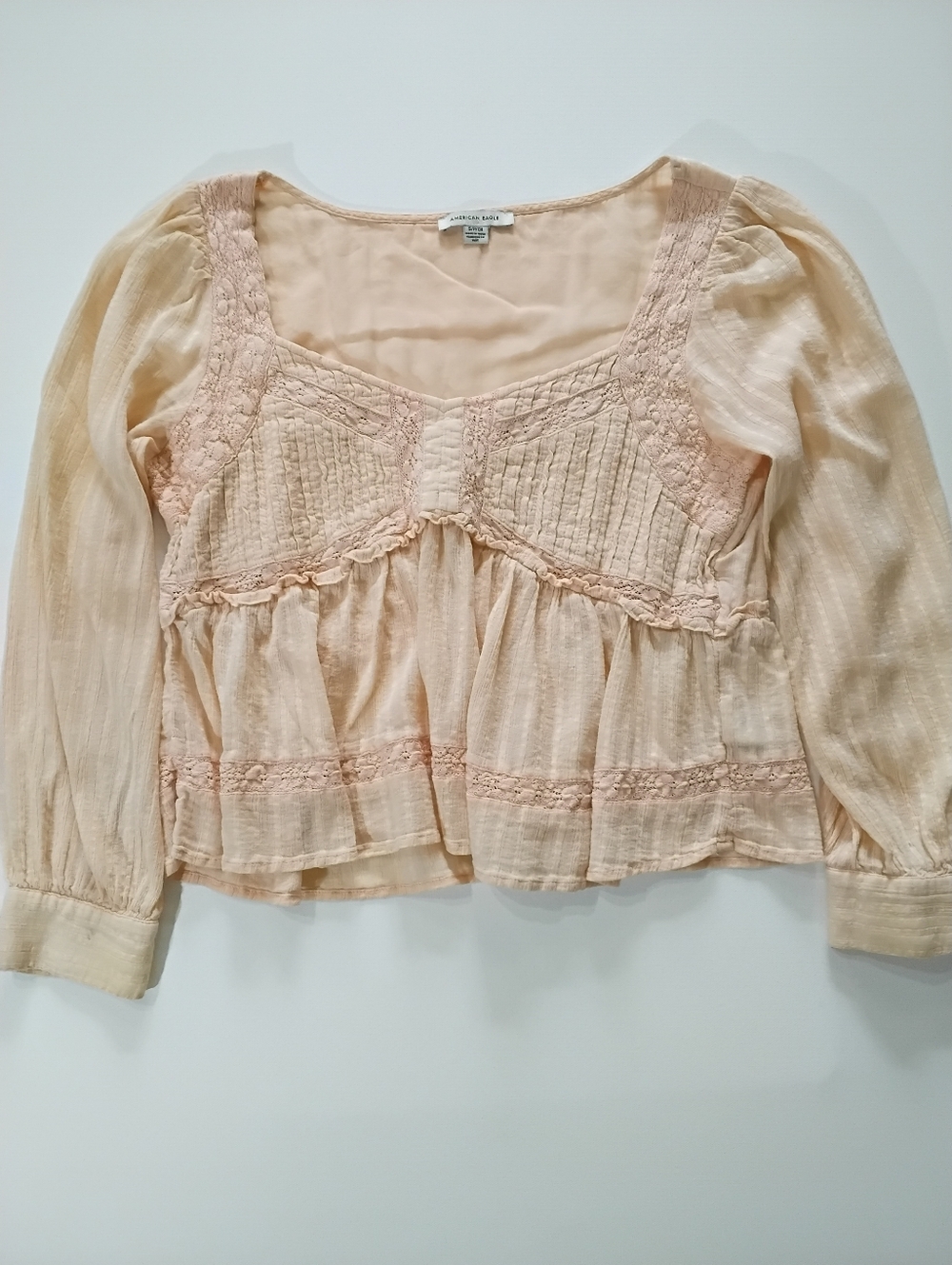 American Eagle Babydoll Top Womens Small Peach Crochet Lace Sweetheart Neck‎